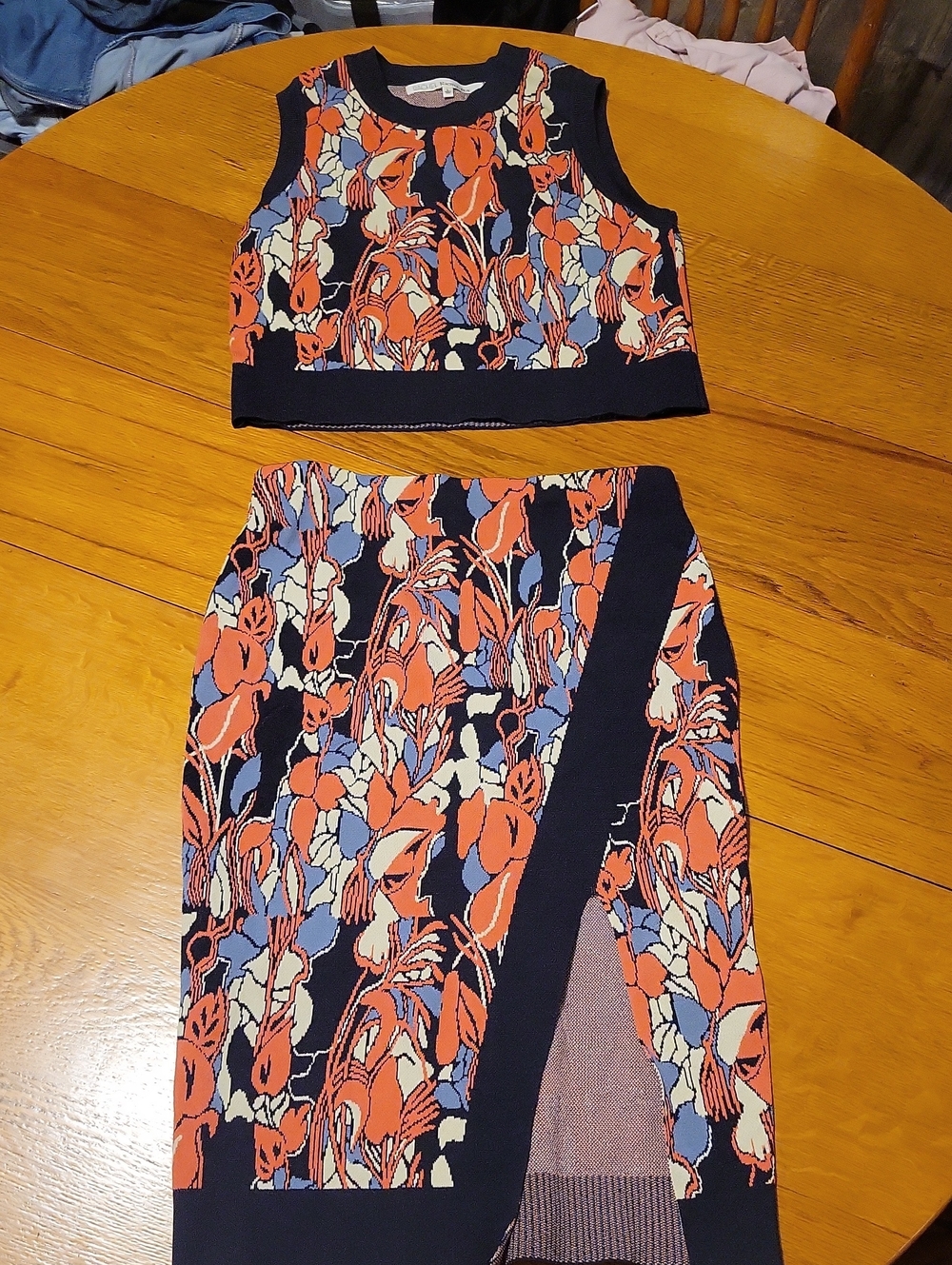 RACHEL Rachel Roy Navy Floral Knit Crop Top & Skirt Set with Orange Accents